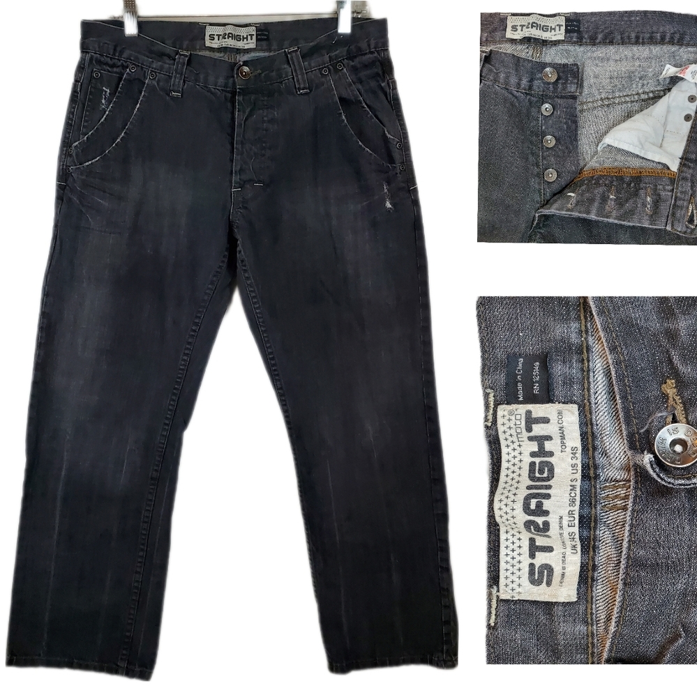 Topman Charcoal Gray Straight Leg Denim Jeans Pants 34x28 Mens Denim is Dead